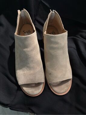 Sofft Suede Open-Toe booties in Light Taupe